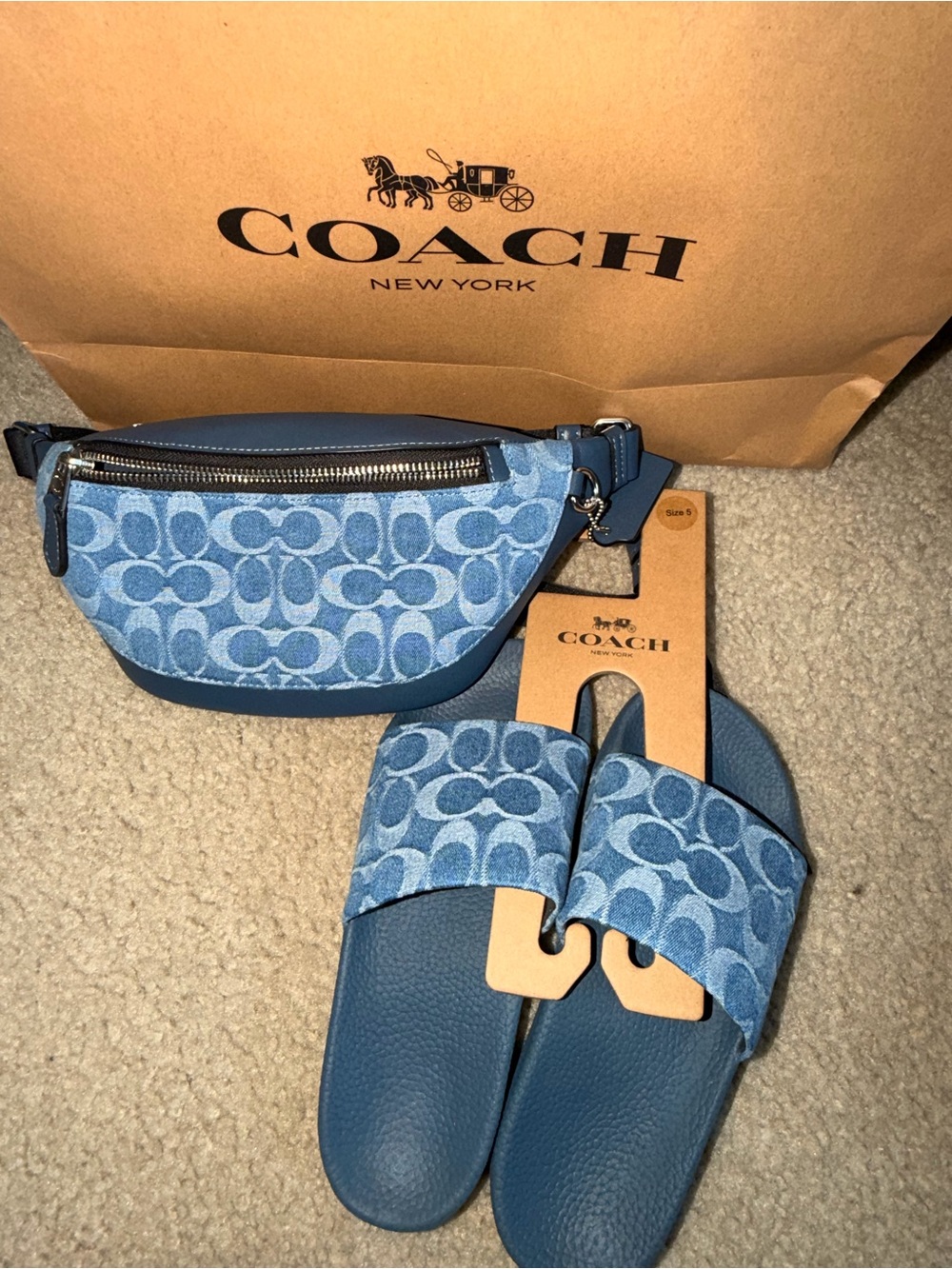 NWT Coach Blue Signature Denim Belt Bag and Matching Udele Slides women’s size 5